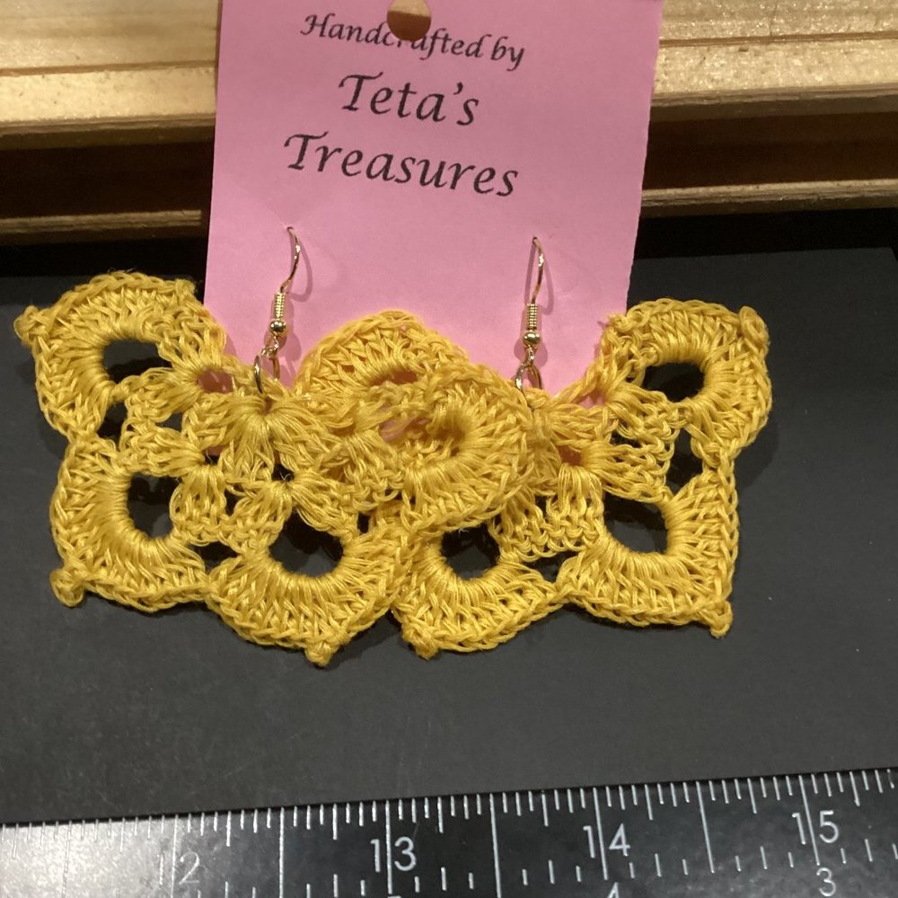 Earrings Yellow Butterfly Crocheted Crochet Hand Crafted